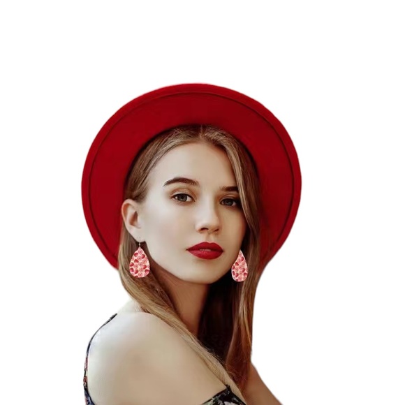 Leather Strawberry Print Pink and Red Teardrop Drop Earrings - Picture 6 of 8